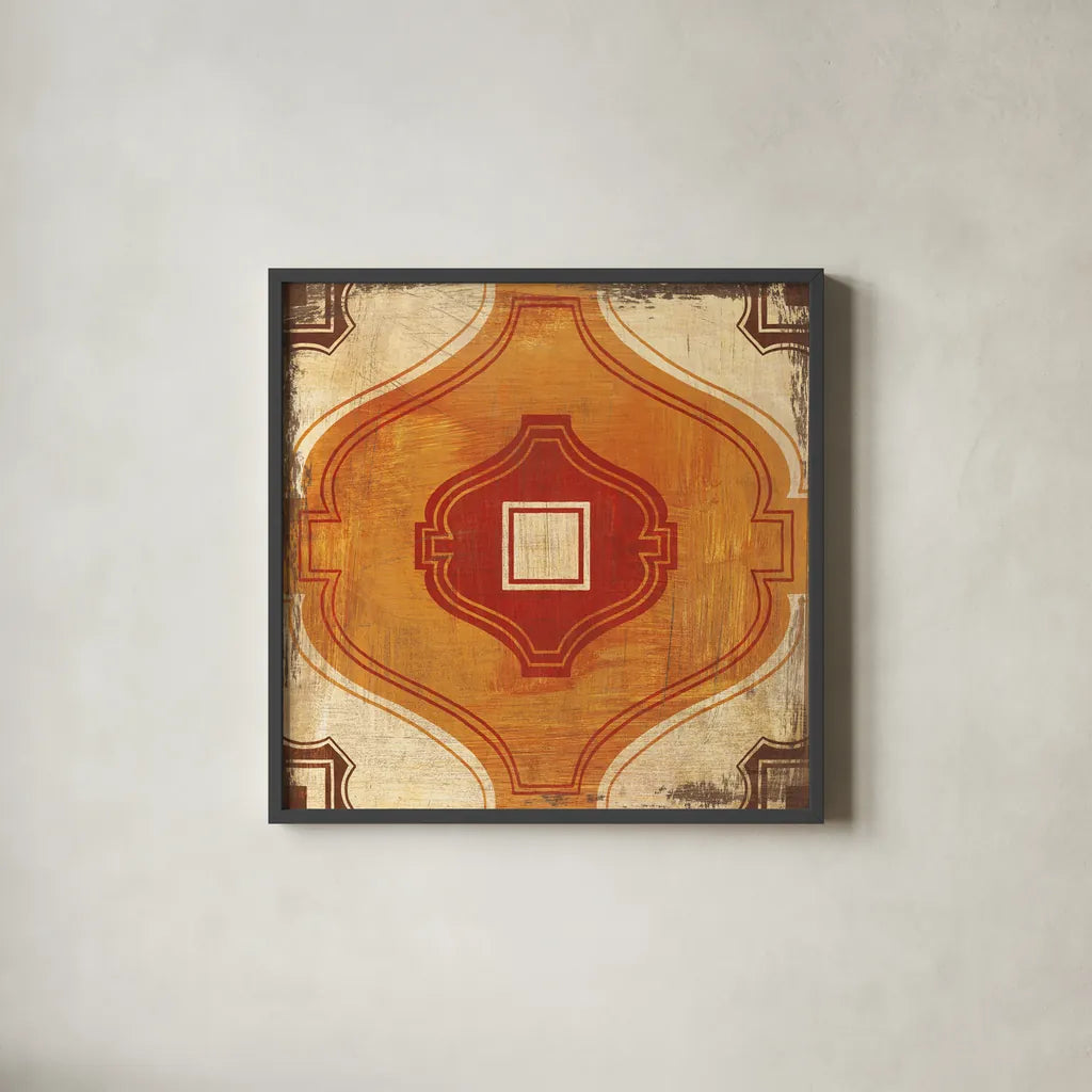 Moroccan Tiles Spice X by Cleonique Hilsaca. Shown in a sleek black glass frame for a contemporary gallery look. Available as an archival giclee rolled canvas, fine art paper, or poster print. SKU 38584a.
