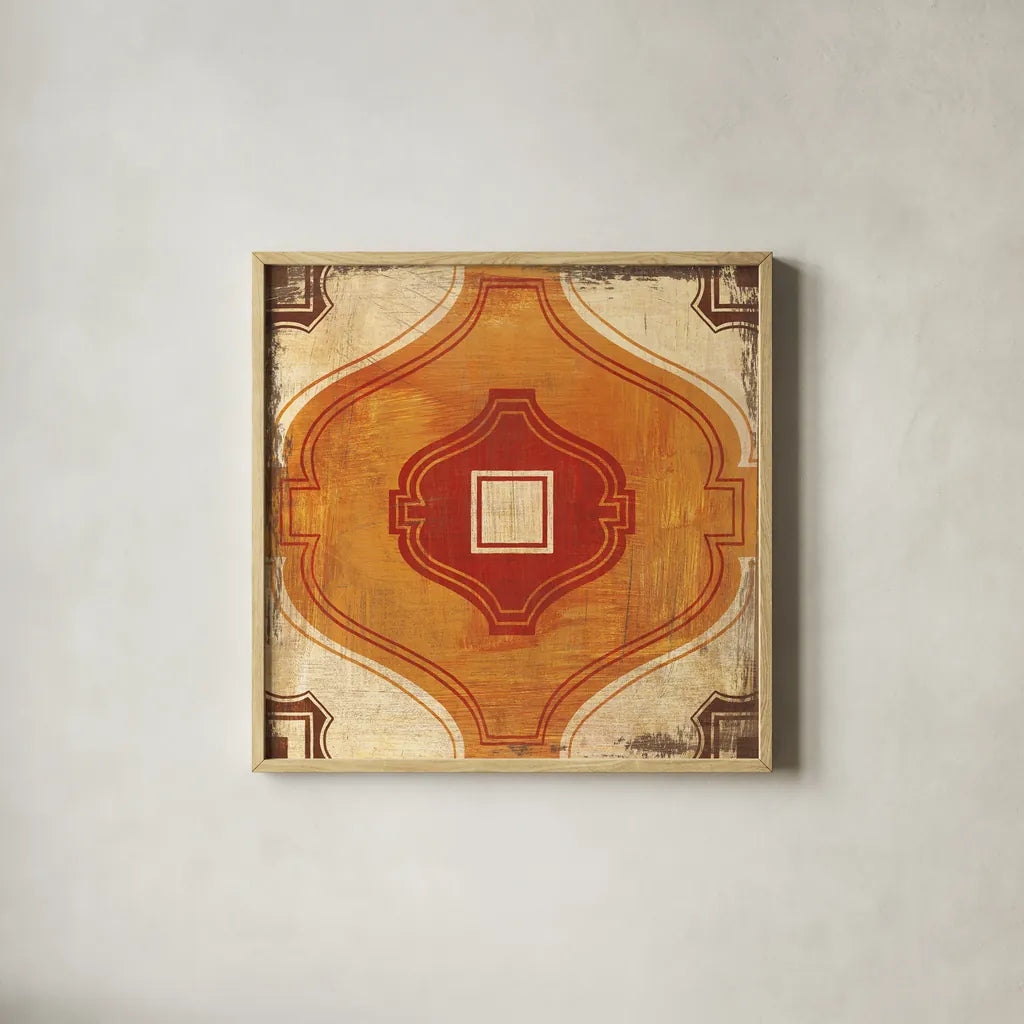 Moroccan Tiles Spice X by Cleonique Hilsaca. Shown in a natural wood glass frame for a timeless modern aesthetic. Available as an archival giclee rolled canvas, fine art paper, or poster print. SKU 38584a.