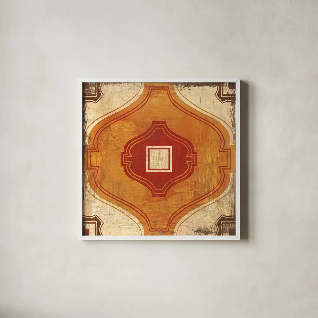 Moroccan Tiles Spice X by Cleonique Hilsaca. Shown in a crisp white glass frame for a clean and minimalist style. Available as an archival giclee rolled canvas, fine art paper, or poster print. SKU 38584a.
