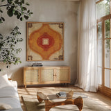 Moroccan Tiles Spice X by Cleonique Hilsaca. Shown in a natural wood frame in a cozy modern living room. Available as an archival giclee rolled canvas, fine art paper, or poster print. SKU 38584a.