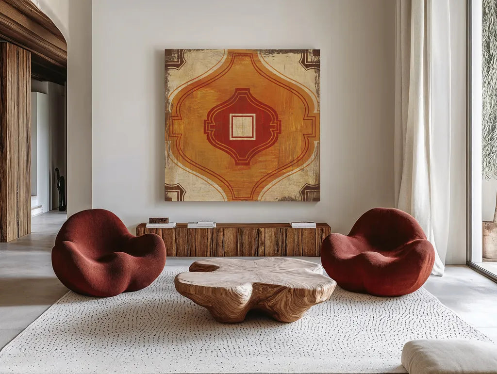 Moroccan Tiles Spice X by Cleonique Hilsaca. Shown as extra-large giant wall art in a modern living room. Available as an archival giclee rolled canvas, fine art paper, or poster print. SKU 38584a.