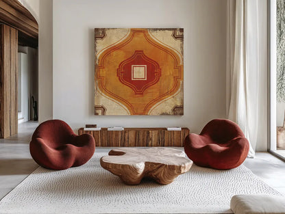 Moroccan Tiles Spice X by Cleonique Hilsaca. Shown as extra-large giant wall art in a modern living room. Available as an archival giclee rolled canvas, fine art paper, or poster print. SKU 38584a.