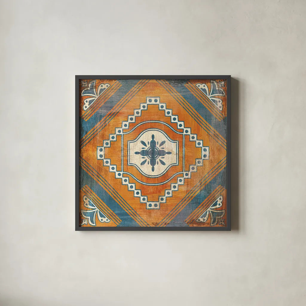 Moroccan Tiles V by Cleonique Hilsaca. Shown in a sleek black glass frame for a contemporary gallery look. Available as an archival giclee rolled canvas, fine art paper, or poster print. SKU 38585a.
