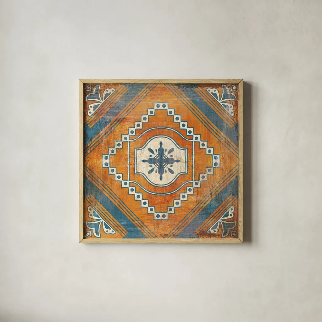 Moroccan Tiles V by Cleonique Hilsaca. Shown in a natural wood glass frame for a timeless modern aesthetic. Available as an archival giclee rolled canvas, fine art paper, or poster print. SKU 38585a.