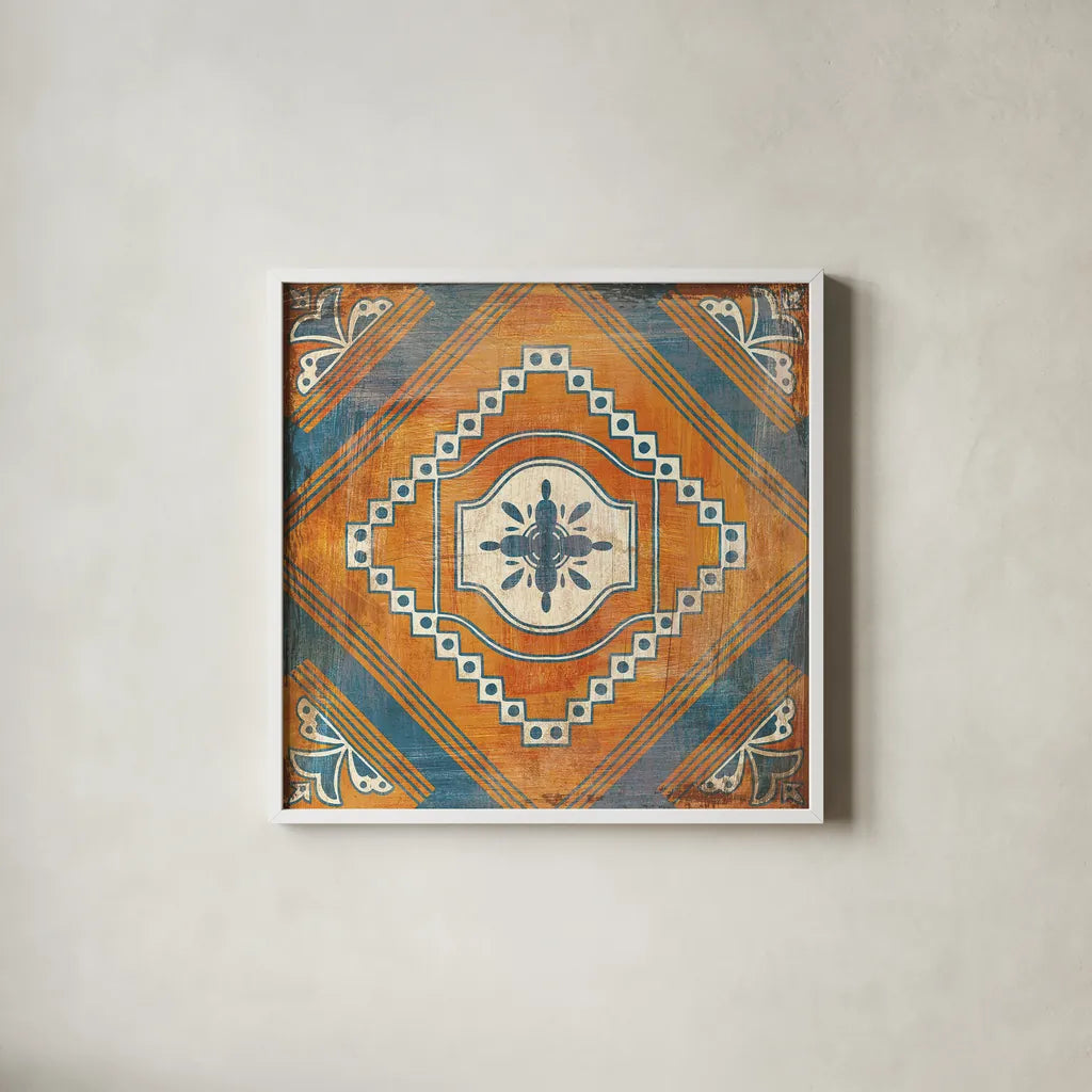Moroccan Tiles V by Cleonique Hilsaca. Shown in a crisp white glass frame for a clean and minimalist style. Available as an archival giclee rolled canvas, fine art paper, or poster print. SKU 38585a.