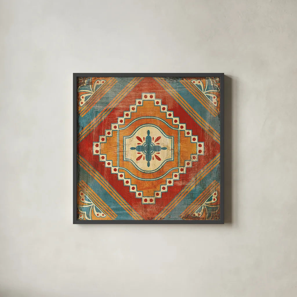 Moroccan Tiles V v2 by Cleonique Hilsaca. Shown in a sleek black glass frame for a contemporary gallery look. Available as an archival giclee rolled canvas, fine art paper, or poster print. SKU 16176a.