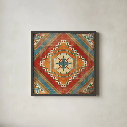 Moroccan Tiles V v2 by Cleonique Hilsaca. Shown in a sleek black glass frame for a contemporary gallery look. Available as an archival giclee rolled canvas, fine art paper, or poster print. SKU 16176a.