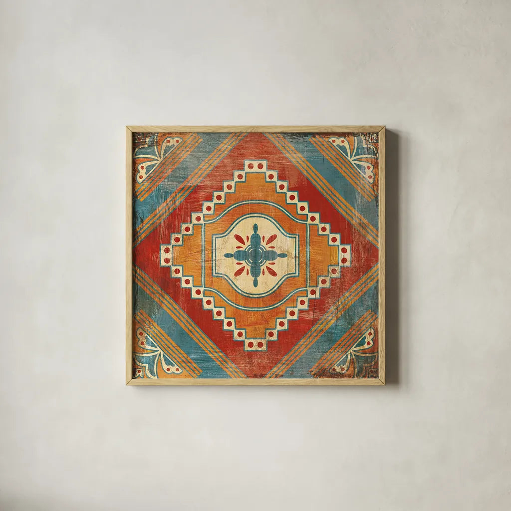 Moroccan Tiles V v2 by Cleonique Hilsaca. Shown in a natural wood glass frame for a timeless modern aesthetic. Available as an archival giclee rolled canvas, fine art paper, or poster print. SKU 16176a.