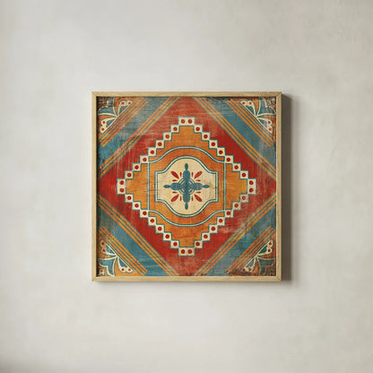 Moroccan Tiles V v2 by Cleonique Hilsaca. Shown in a natural wood glass frame for a timeless modern aesthetic. Available as an archival giclee rolled canvas, fine art paper, or poster print. SKU 16176a.