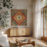 Moroccan Tiles V v2 by Cleonique Hilsaca. Shown in a natural wood frame in a cozy modern living room. Available as an archival giclee rolled canvas, fine art paper, or poster print. SKU 16176a.