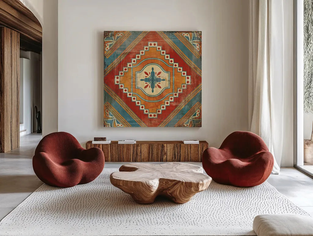 Moroccan Tiles V v2 by Cleonique Hilsaca. Shown as extra-large giant wall art in a modern living room. Available as an archival giclee rolled canvas, fine art paper, or poster print. SKU 16176a.