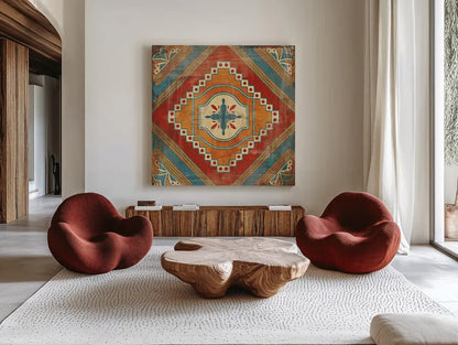 Moroccan Tiles V v2 by Cleonique Hilsaca. Shown as extra-large giant wall art in a modern living room. Available as an archival giclee rolled canvas, fine art paper, or poster print. SKU 16176a.
