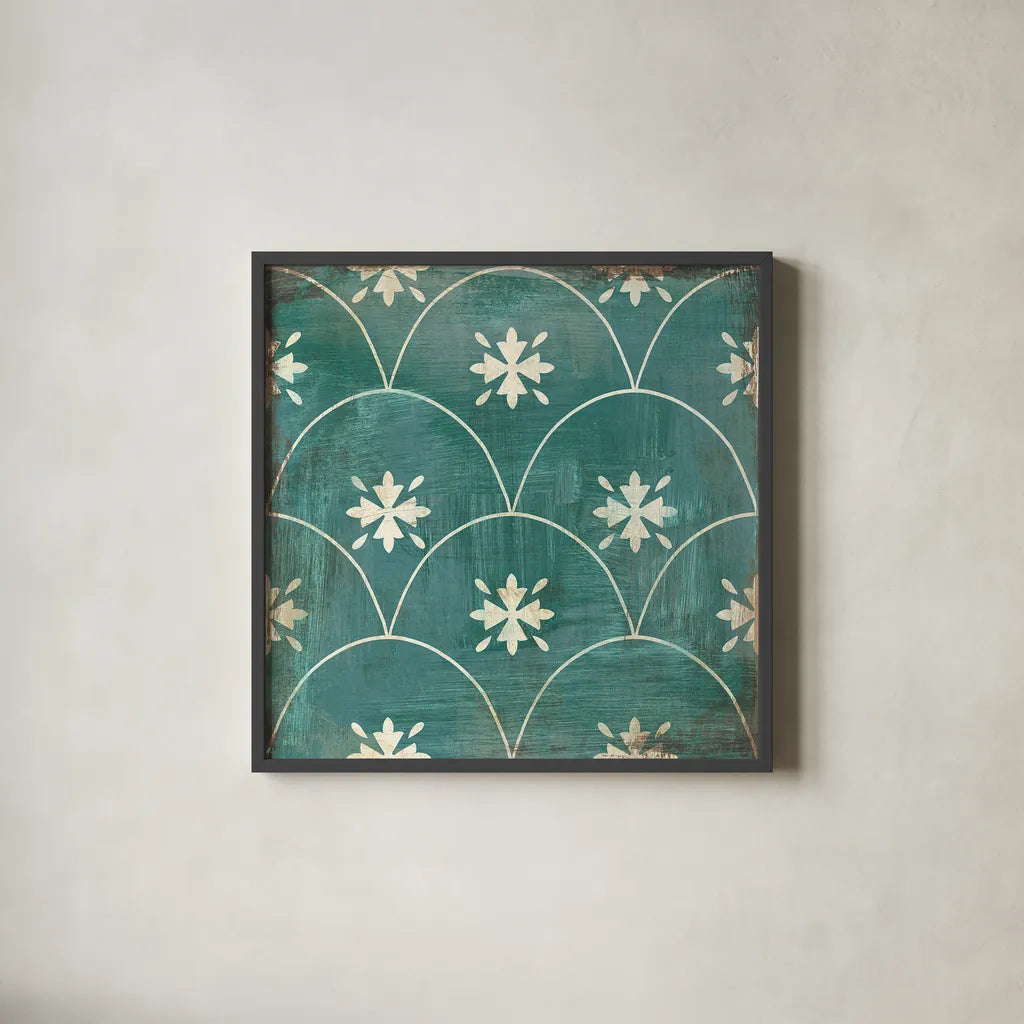 Moroccan Tiles VI by Cleonique Hilsaca. Shown in a sleek black glass frame for a contemporary gallery look. Available as an archival giclee rolled canvas, fine art paper, or poster print. SKU 16731a.