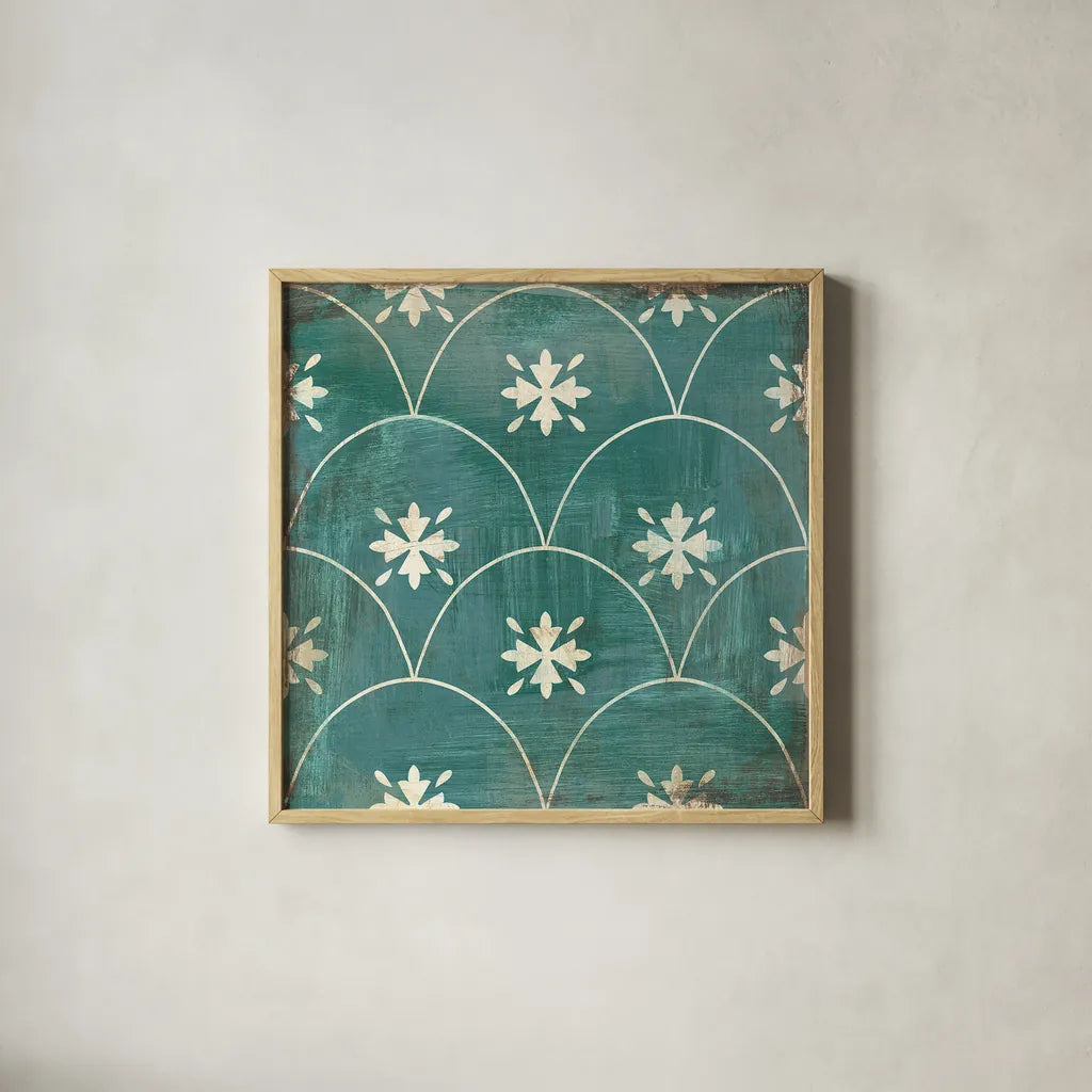 Moroccan Tiles VI by Cleonique Hilsaca. Shown in a natural wood glass frame for a timeless modern aesthetic. Available as an archival giclee rolled canvas, fine art paper, or poster print. SKU 16731a.