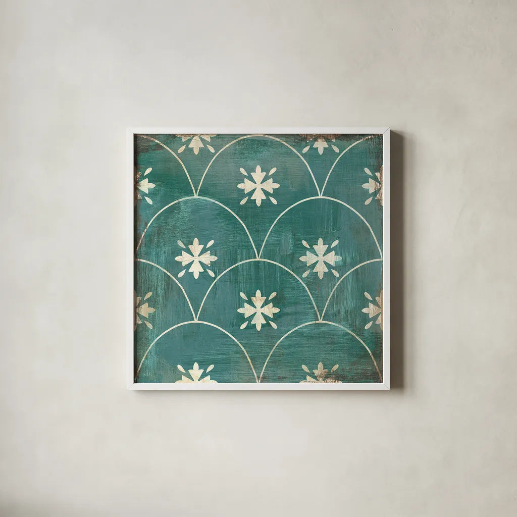 Moroccan Tiles VI by Cleonique Hilsaca. Shown in a crisp white glass frame for a clean and minimalist style. Available as an archival giclee rolled canvas, fine art paper, or poster print. SKU 16731a.