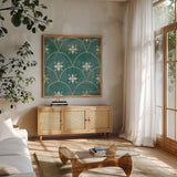 Moroccan Tiles VI by Cleonique Hilsaca. Shown in a natural wood frame in a cozy modern living room. Available as an archival giclee rolled canvas, fine art paper, or poster print. SKU 16731a.