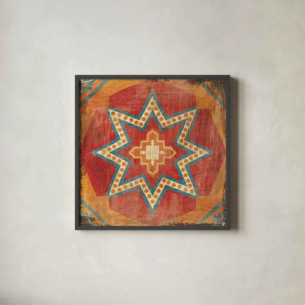 Moroccan Tiles VII by Cleonique Hilsaca. Shown in a sleek black glass frame for a contemporary gallery look. Available as an archival giclee rolled canvas, fine art paper, or poster print. SKU 16179a.