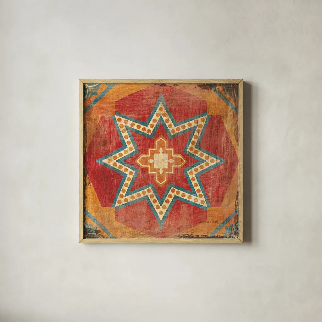 Moroccan Tiles VII by Cleonique Hilsaca. Shown in a natural wood glass frame for a timeless modern aesthetic. Available as an archival giclee rolled canvas, fine art paper, or poster print. SKU 16179a.