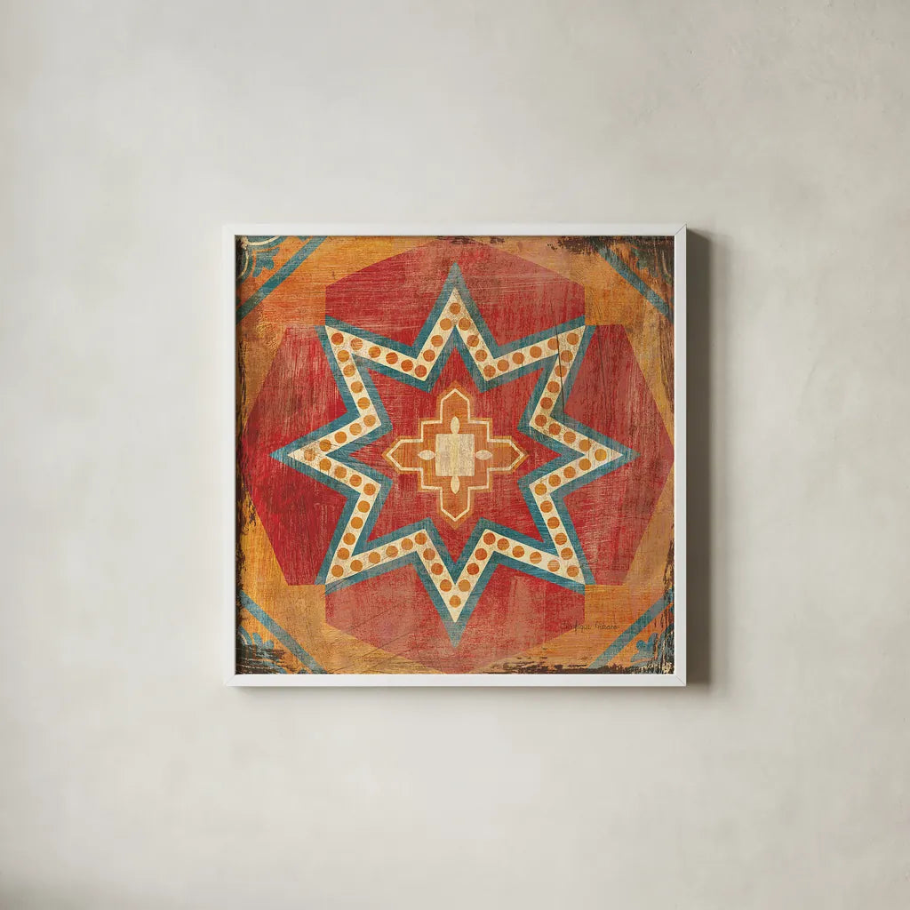Moroccan Tiles VII by Cleonique Hilsaca. Shown in a crisp white glass frame for a clean and minimalist style. Available as an archival giclee rolled canvas, fine art paper, or poster print. SKU 16179a.