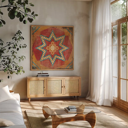 Moroccan Tiles VII by Cleonique Hilsaca. Shown in a natural wood frame in a cozy modern living room. Available as an archival giclee rolled canvas, fine art paper, or poster print. SKU 16179a.