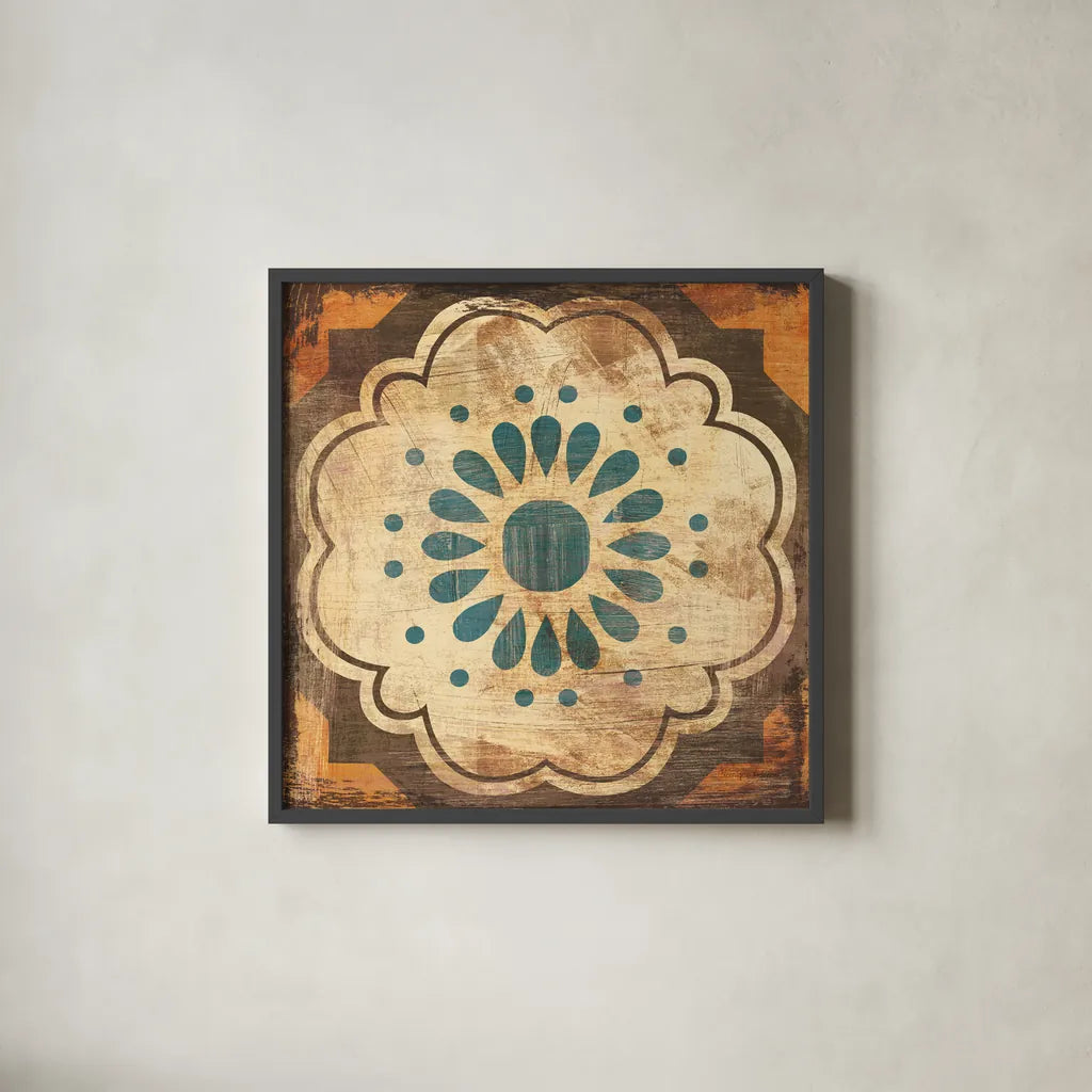 Moroccan Tiles VIII by Cleonique Hilsaca. Shown in a sleek black glass frame for a contemporary gallery look. Available as an archival giclee rolled canvas, fine art paper, or poster print. SKU 16180a.