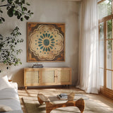 Moroccan Tiles VIII by Cleonique Hilsaca. Shown in a natural wood frame in a cozy modern living room. Available as an archival giclee rolled canvas, fine art paper, or poster print. SKU 16180a.