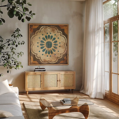 Moroccan Tiles VIII by Cleonique Hilsaca. Shown in a natural wood frame in a cozy modern living room. Available as an archival giclee rolled canvas, fine art paper, or poster print. SKU 16180a.