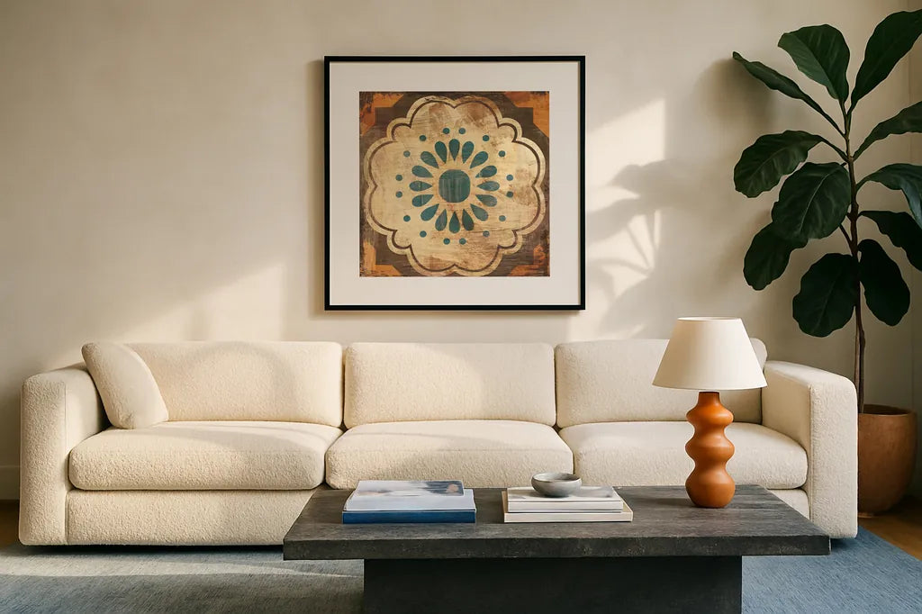 Moroccan Tiles VIII by Cleonique Hilsaca. Displayed in a glass frame with matte in a clean modern living room. Available as an archival giclee rolled canvas, fine art paper, or poster print. SKU 16180a.