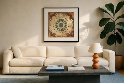 Moroccan Tiles VIII by Cleonique Hilsaca. Displayed in a glass frame with matte in a clean modern living room. Available as an archival giclee rolled canvas, fine art paper, or poster print. SKU 16180a.