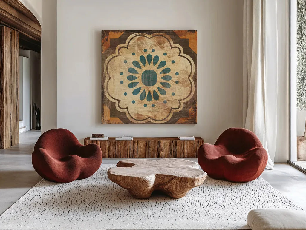 Moroccan Tiles VIII by Cleonique Hilsaca. Shown as extra-large giant wall art in a modern living room. Available as an archival giclee rolled canvas, fine art paper, or poster print. SKU 16180a.