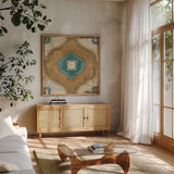 Moroccan Tiles X by Cleonique Hilsaca. Shown in a natural wood frame in a cozy modern living room. Available as an archival giclee rolled canvas, fine art paper, or poster print. SKU 16732a.