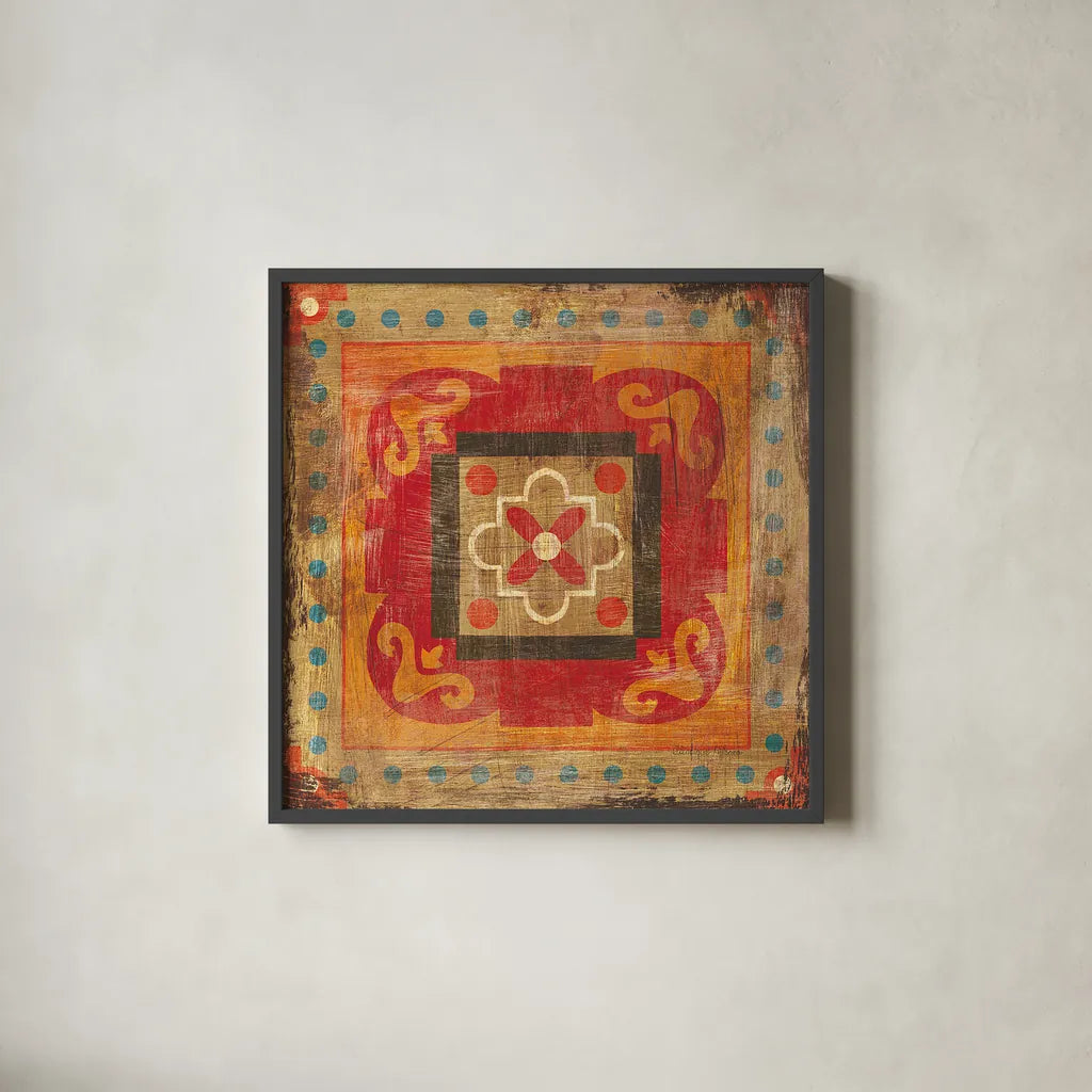 Moroccan Tiles XII by Cleonique Hilsaca. Shown in a sleek black glass frame for a contemporary gallery look. Available as an archival giclee rolled canvas, fine art paper, or poster print. SKU 16184a.