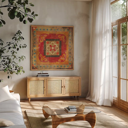 Moroccan Tiles XII by Cleonique Hilsaca. Shown in a natural wood frame in a cozy modern living room. Available as an archival giclee rolled canvas, fine art paper, or poster print. SKU 16184a.