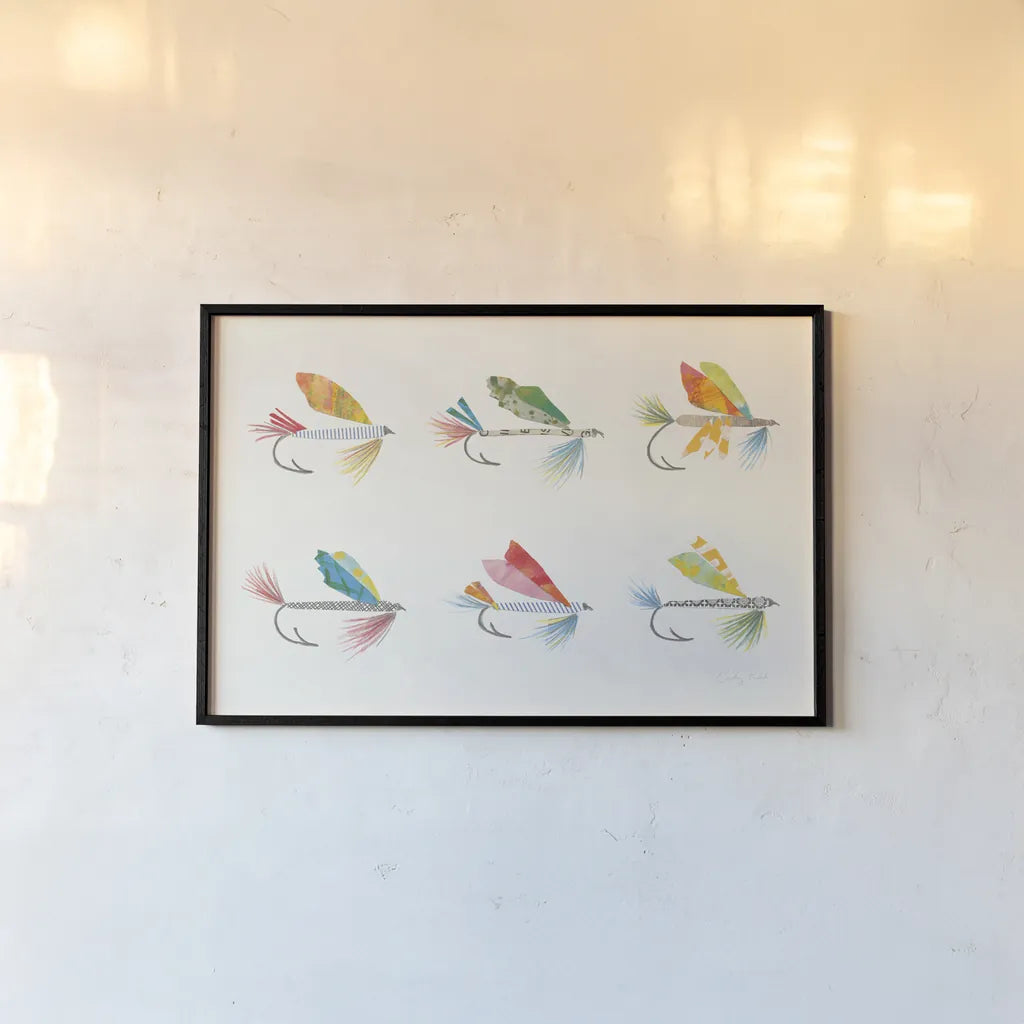 Angling in the Stream Lures II by Courtney Prahl. shown as a paper print in a black flame. Available as a archival giclee rolled canvas, fine art paper, or poster print. SKU 73255i.