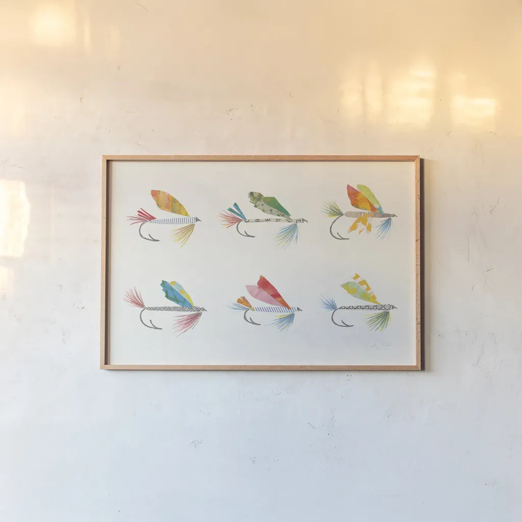 Angling in the Stream Lures II by Courtney Prahl. shown as a paper print in a natural frame. Available as a archival giclee rolled canvas, fine art paper, or poster print. SKU 73255i.