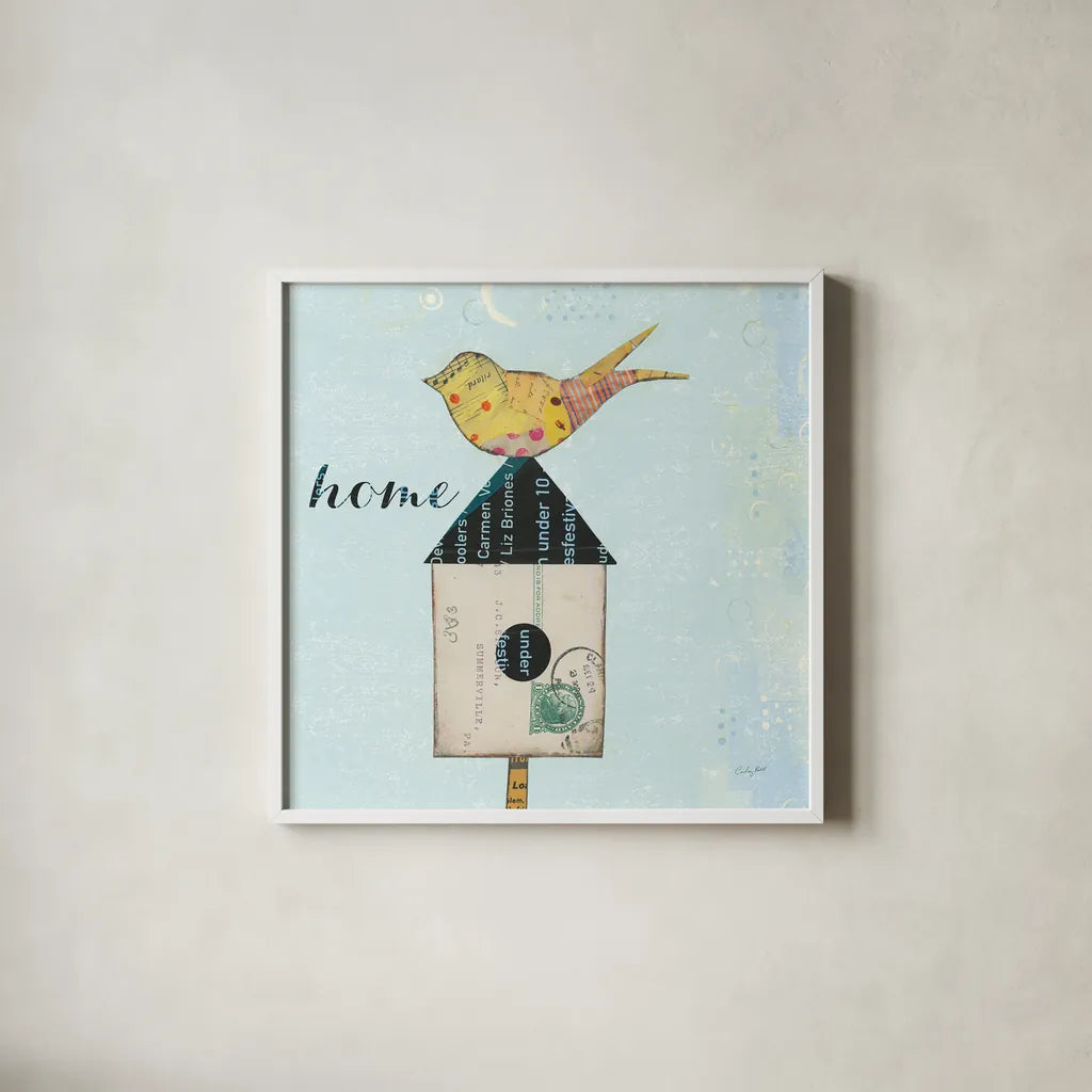 At Home II Home by Courtney Prahl. Shown in a crisp white glass frame for a clean and minimalist style. Available as an archival giclee rolled canvas, fine art paper, or poster print. SKU 19332a.