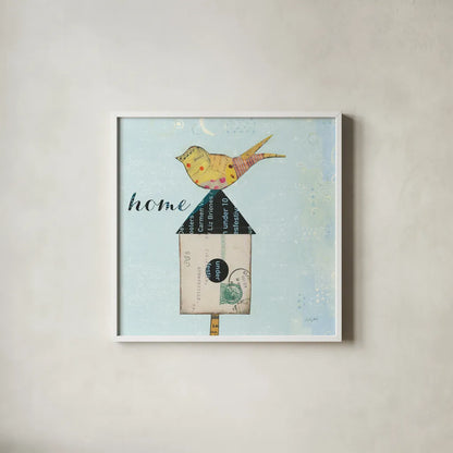 At Home II Home by Courtney Prahl. Shown in a crisp white glass frame for a clean and minimalist style. Available as an archival giclee rolled canvas, fine art paper, or poster print. SKU 19332a.