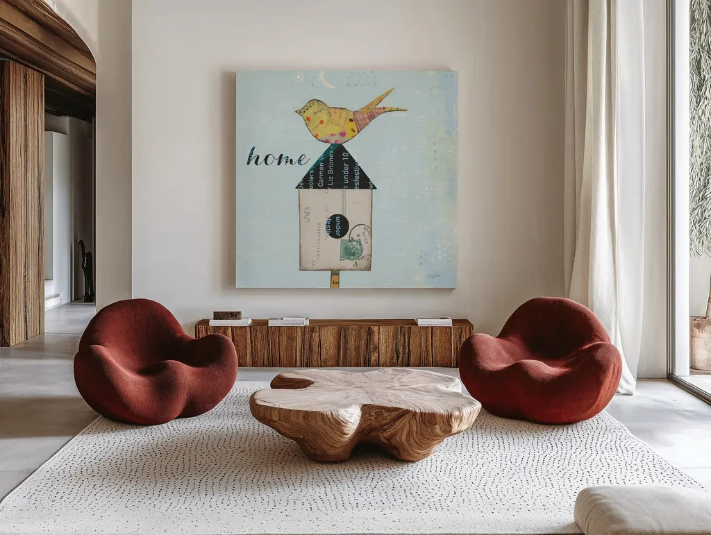At Home II Home by Courtney Prahl. Shown as extra-large giant wall art in a modern living room. Available as an archival giclee rolled canvas, fine art paper, or poster print. SKU 19332a.