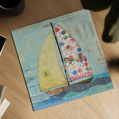 At the Regatta I Sail Sq by Courtney Prahl. Shown as a detailed flat fine art print, highlighting archival giclee quality. Available as an archival giclee rolled canvas, fine art paper, or poster print. SKU 29777a.