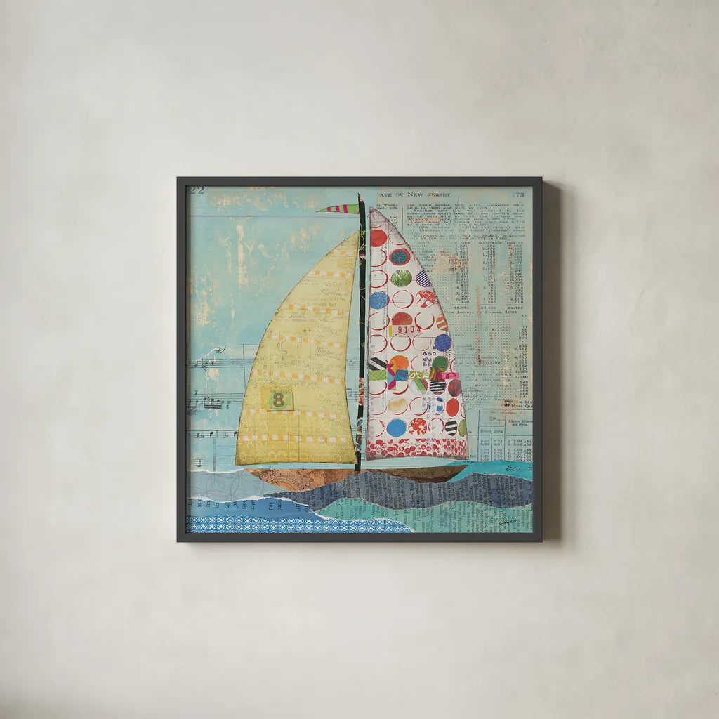 At the Regatta I Sail Sq by Courtney Prahl. Shown in a sleek black glass frame for a contemporary gallery look. Available as an archival giclee rolled canvas, fine art paper, or poster print. SKU 29777a.