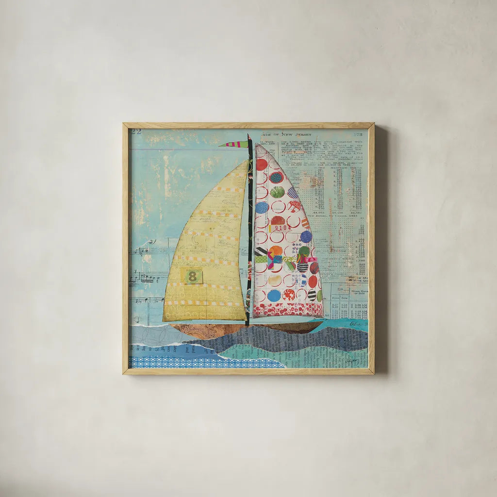 At the Regatta I Sail Sq by Courtney Prahl. Shown in a natural wood glass frame for a timeless modern aesthetic. Available as an archival giclee rolled canvas, fine art paper, or poster print. SKU 29777a.