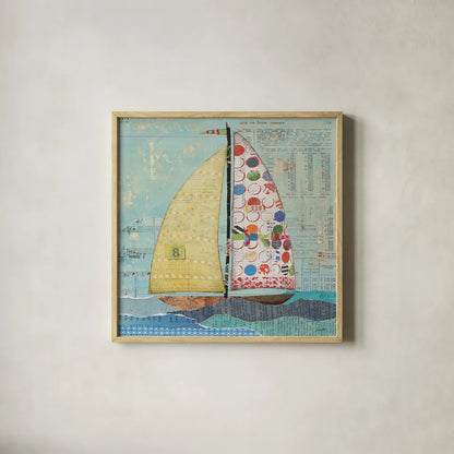 At the Regatta I Sail Sq by Courtney Prahl. Shown in a natural wood glass frame for a timeless modern aesthetic. Available as an archival giclee rolled canvas, fine art paper, or poster print. SKU 29777a.
