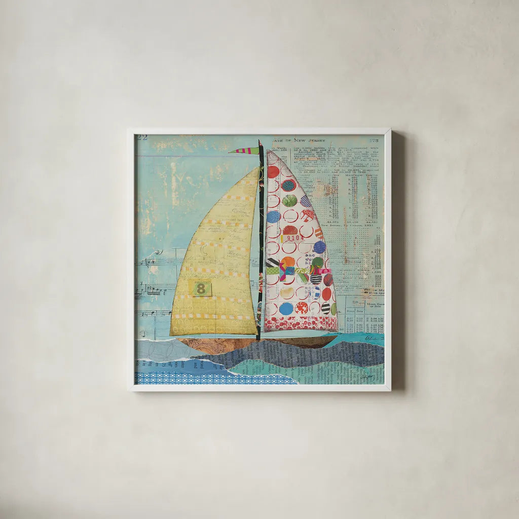 At the Regatta I Sail Sq by Courtney Prahl. Shown in a crisp white glass frame for a clean and minimalist style. Available as an archival giclee rolled canvas, fine art paper, or poster print. SKU 29777a.