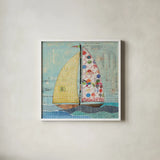 At the Regatta I Sail Sq by Courtney Prahl. Shown in a crisp white glass frame for a clean and minimalist style. Available as an archival giclee rolled canvas, fine art paper, or poster print. SKU 29777a.