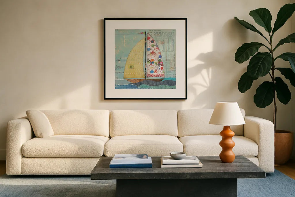 At the Regatta I Sail Sq by Courtney Prahl. Displayed in a glass frame with matte in a clean modern living room. Available as an archival giclee rolled canvas, fine art paper, or poster print. SKU 29777a.