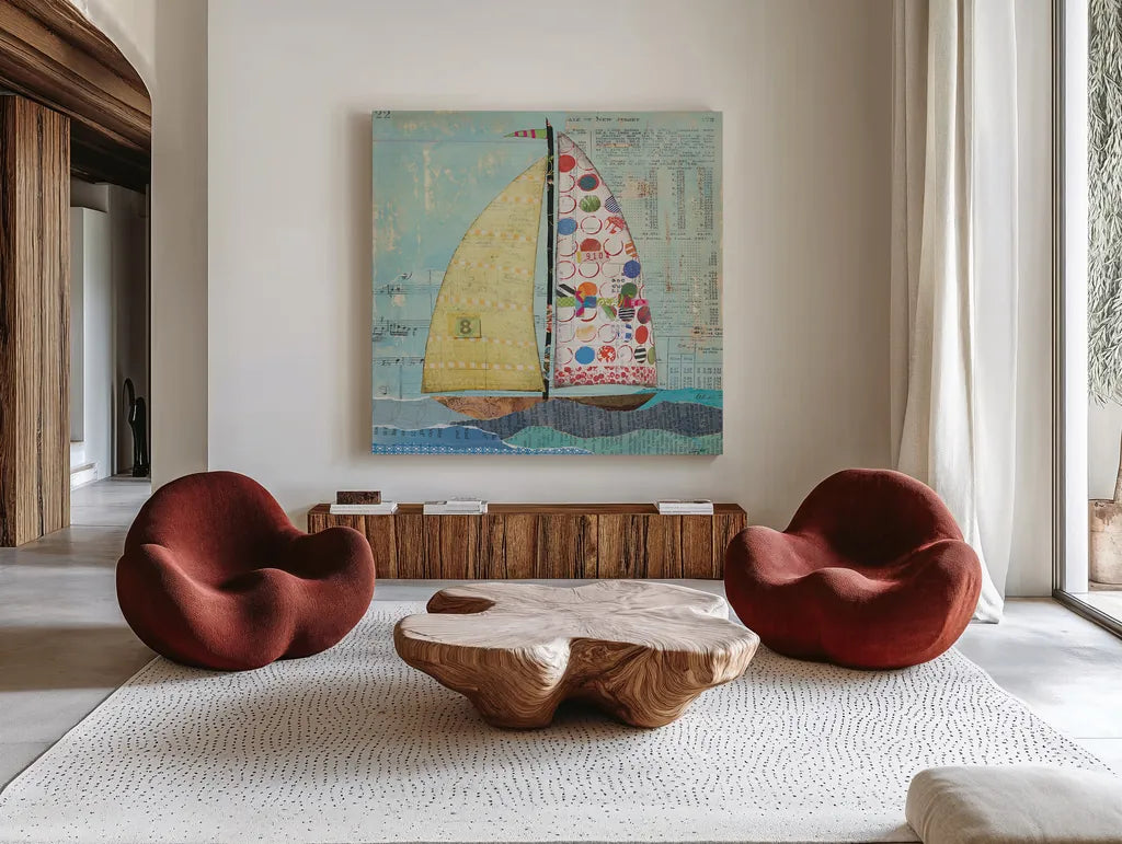At the Regatta I Sail Sq by Courtney Prahl. Shown as extra-large giant wall art in a modern living room. Available as an archival giclee rolled canvas, fine art paper, or poster print. SKU 29777a.