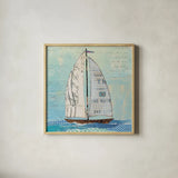 At the Regatta III Sail Sq by Courtney Prahl. Shown in a natural wood glass frame for a timeless modern aesthetic. Available as an archival giclee rolled canvas, fine art paper, or poster print. SKU 29778a.