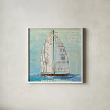 At the Regatta III Sail Sq by Courtney Prahl. Shown in a crisp white glass frame for a clean and minimalist style. Available as an archival giclee rolled canvas, fine art paper, or poster print. SKU 29778a.