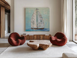 At the Regatta III Sail Sq by Courtney Prahl. Shown as extra-large giant wall art in a modern living room. Available as an archival giclee rolled canvas, fine art paper, or poster print. SKU 29778a.