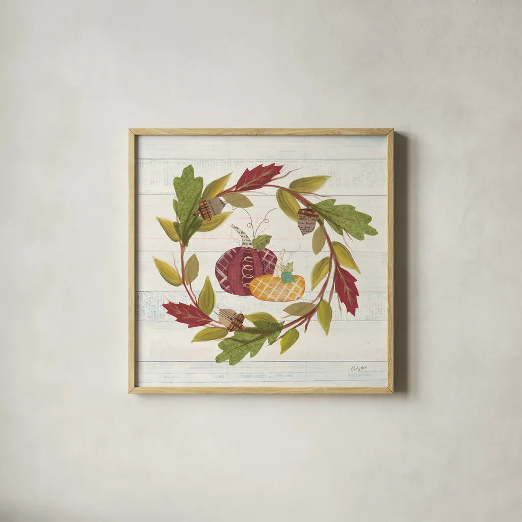 Autumn Bounty I by Courtney Prahl. Shown in a natural wood glass frame for a timeless modern aesthetic. Available as an archival giclee rolled canvas, fine art paper, or poster print. SKU 38539a.